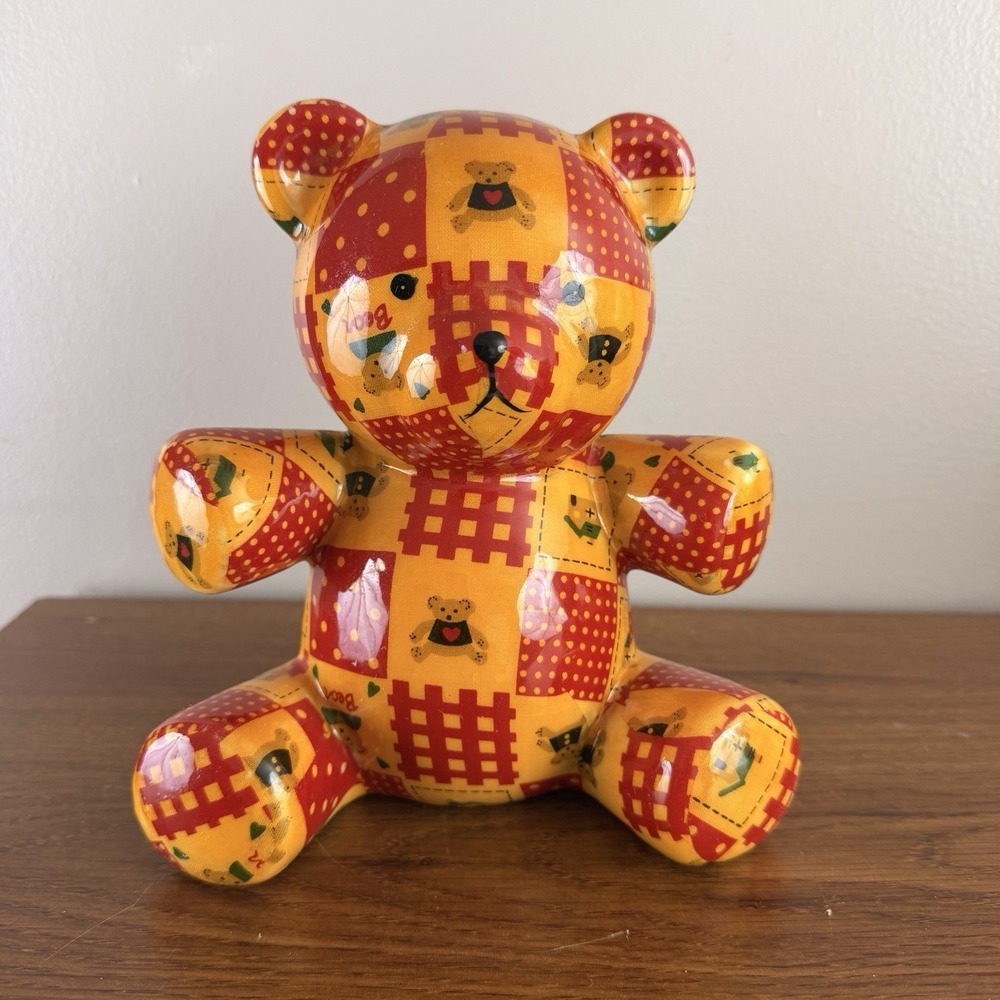 Vintage Teddy Bear Patchwork Piggy Bank Ceramic Coin Bank 7"